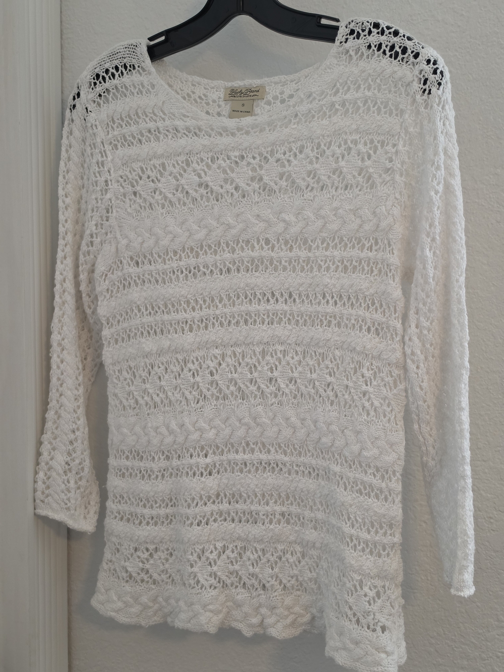 Lucky Brand White Open-Weave Crochet Scoop Neck Sweater